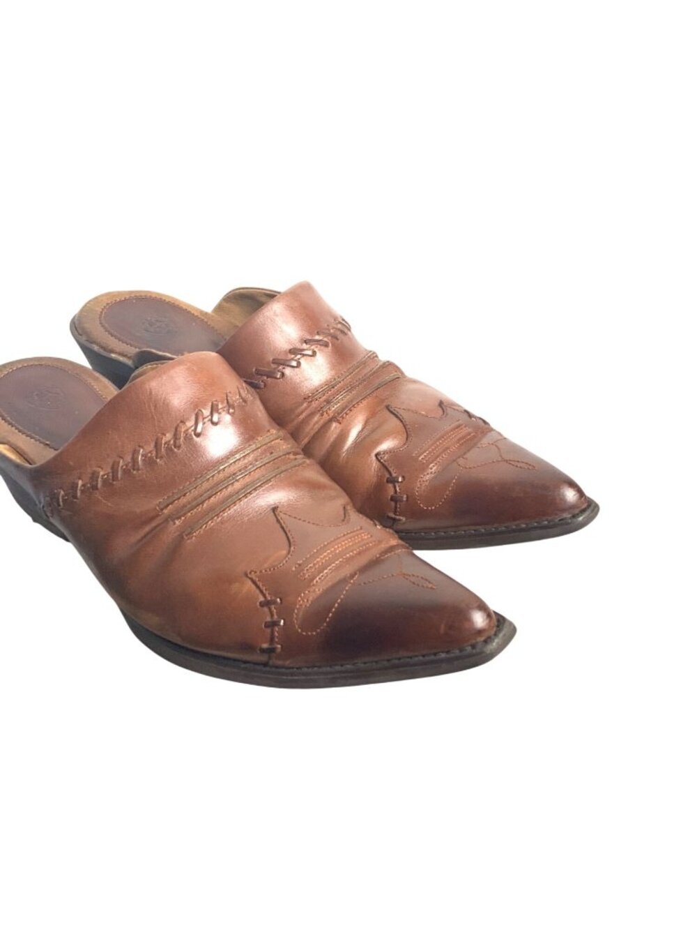 Western-Style Brown Leather Mules With Stitch Detailing And Block Heel For Women